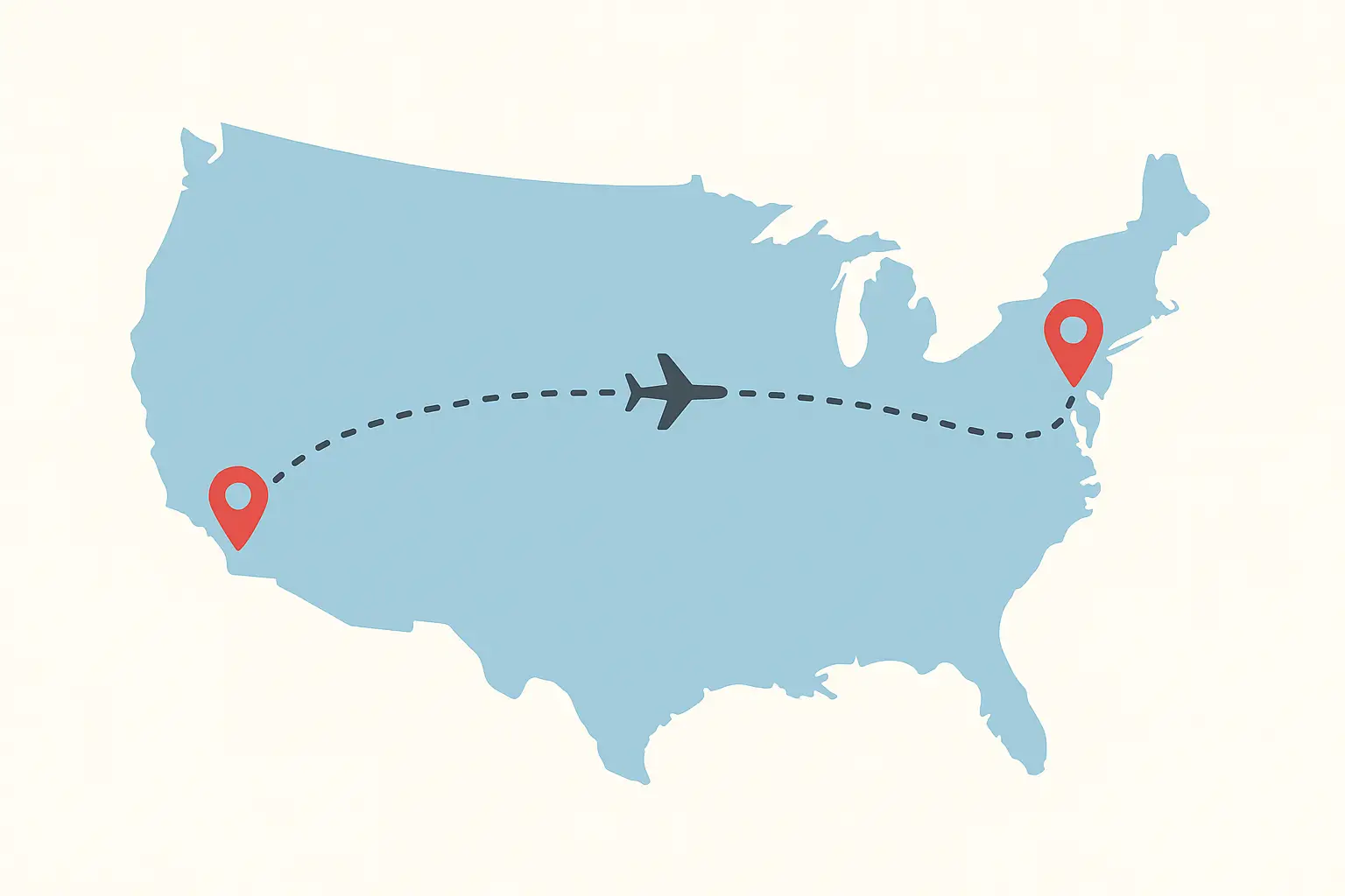 map of US showing an airplane traveling coast to coast